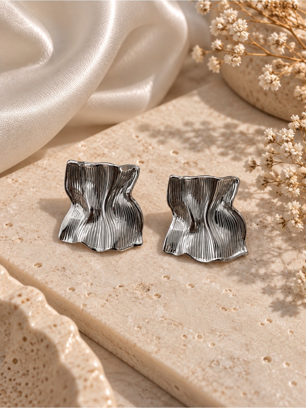 Silver Textured Wave Statement Earrings